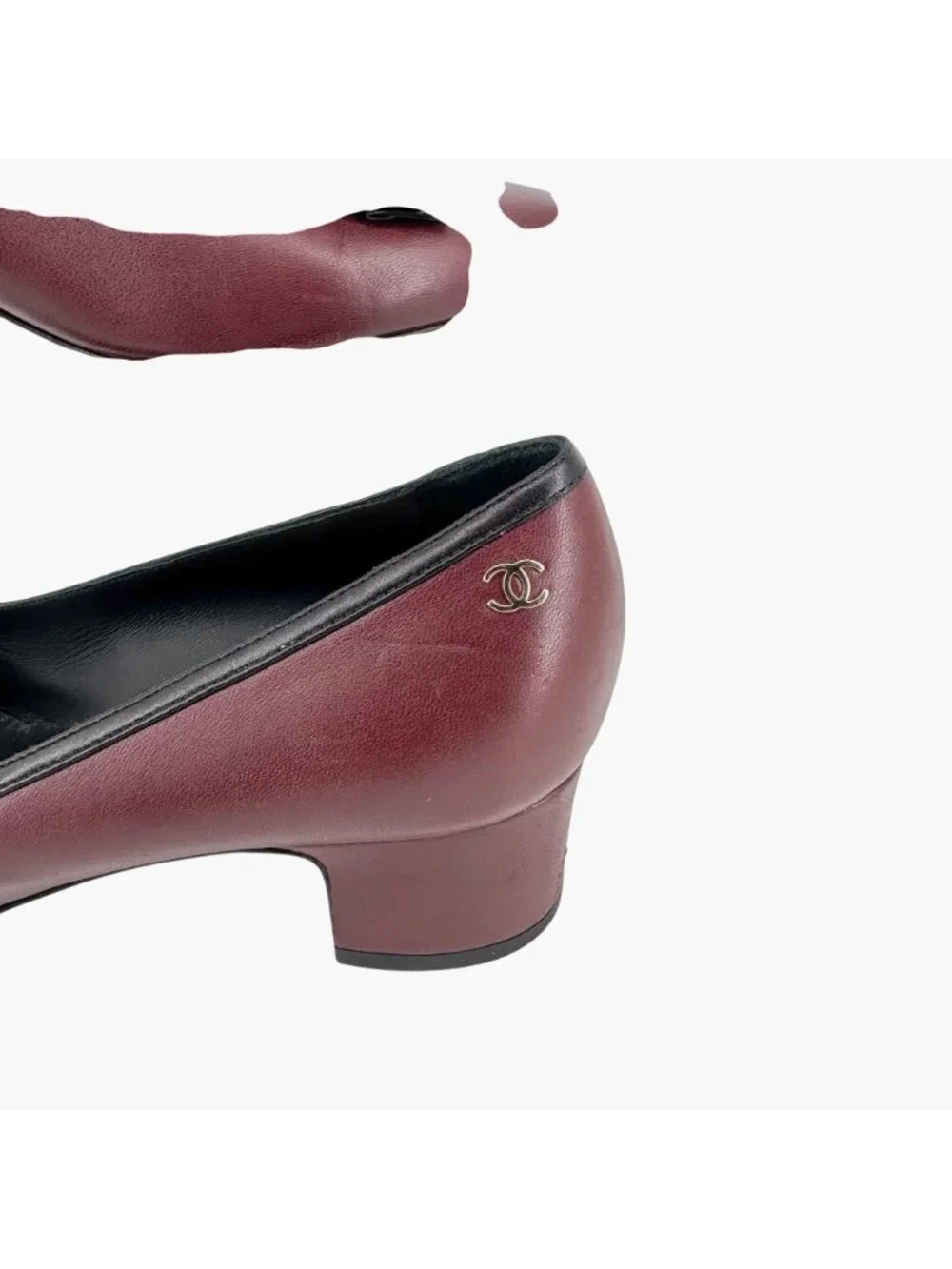 Chanel Pointed Toe Bow Pumps Size 38 US 7-7.5 Maroon Leather CC Mid Block Heel